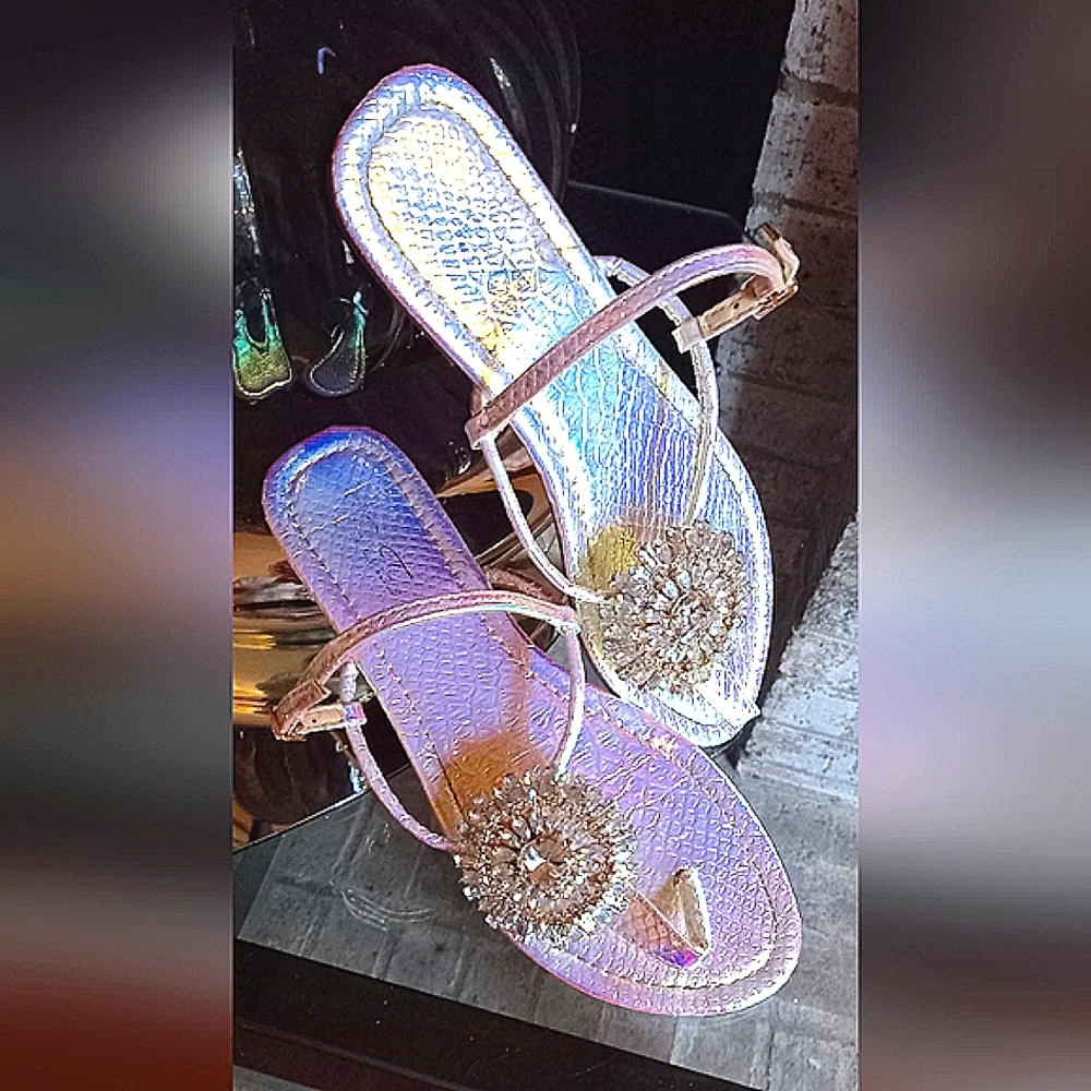 Iridescent Sandals with Crystal Embellishment